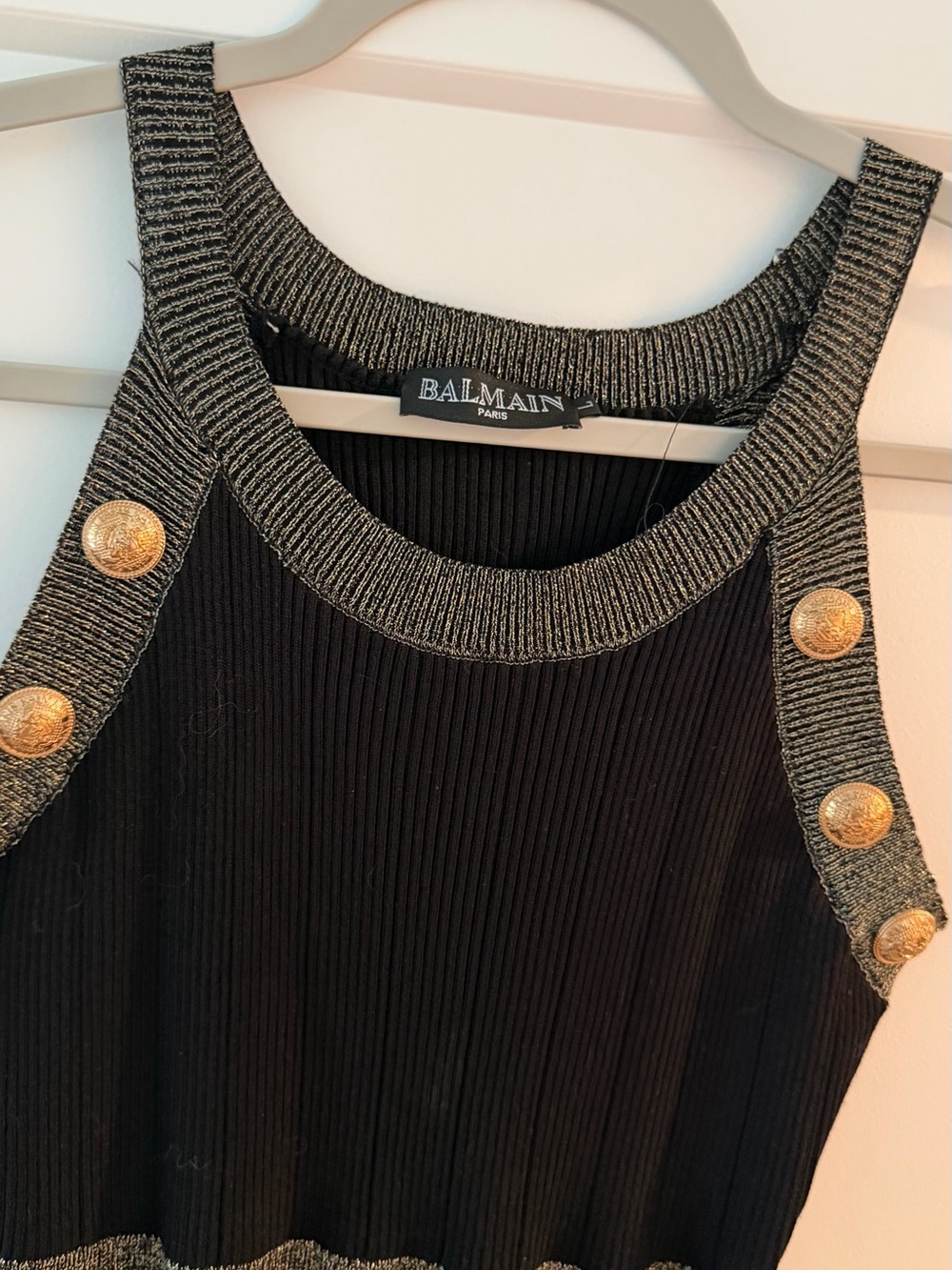 Balmain Black Ribbed Tank with Metallic Gold Button Accents